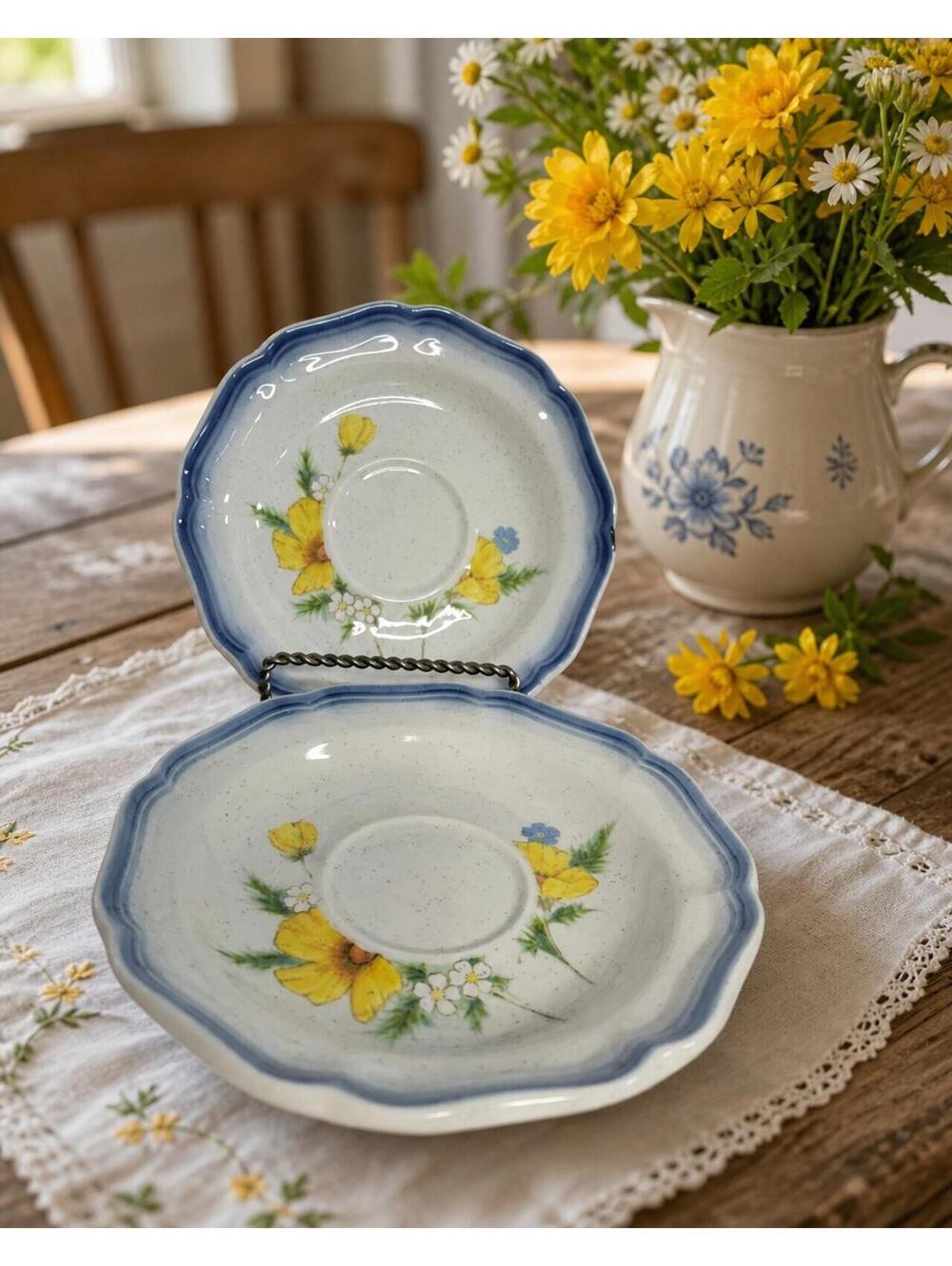 Mikasa Country Club Amy Stoneware Saucers Speckled Floral Blue Replacement 6.5"